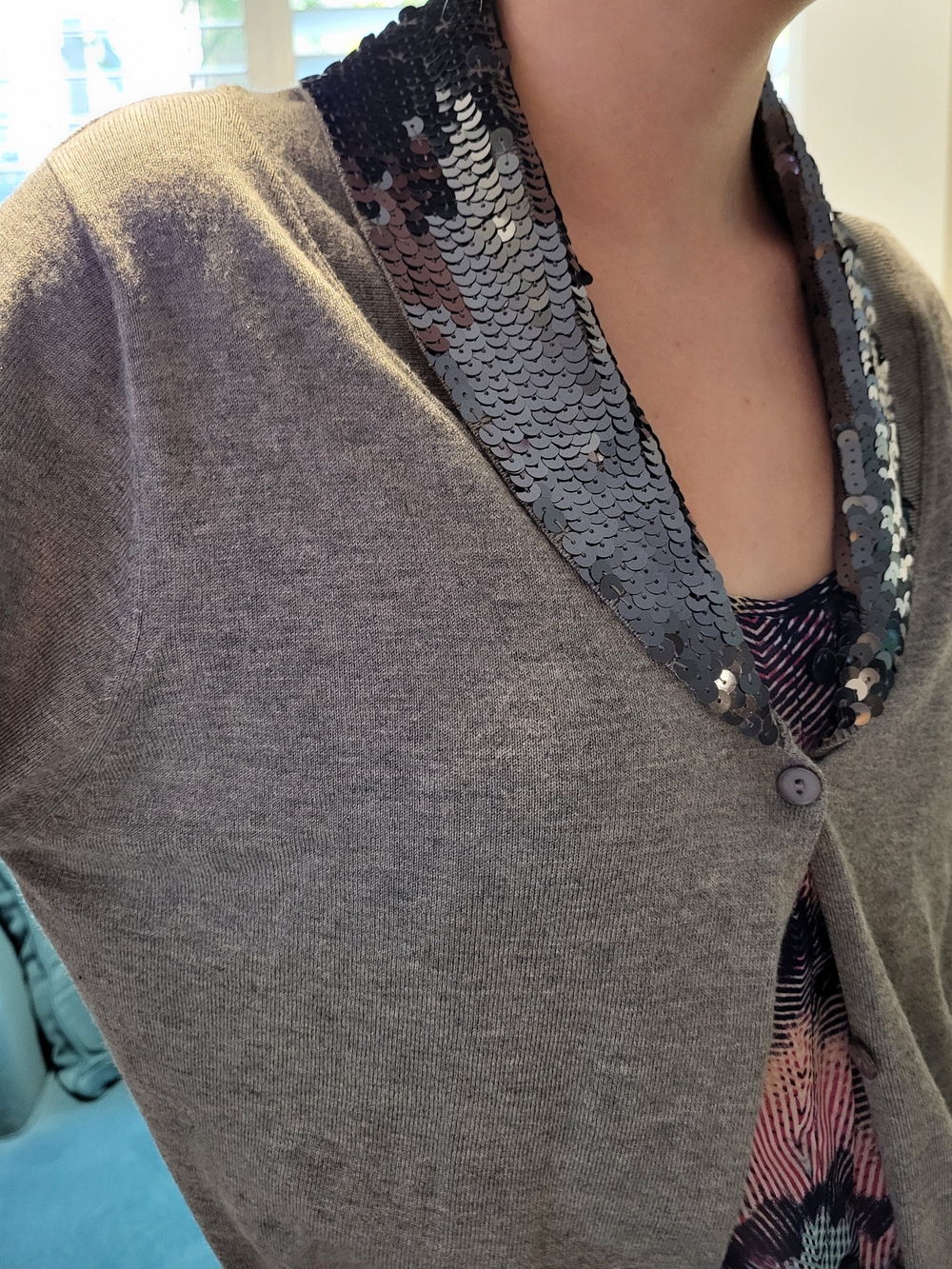 Gray Women's Cardigan with Sequin Collar